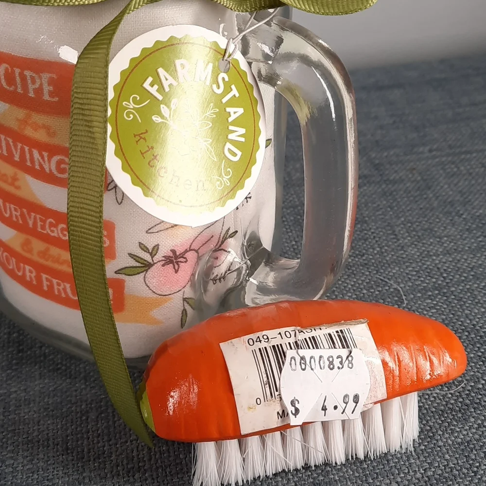 Kitchen Dish Towel Mason Mug Shaker Lid Vegetable Scrub Brush Set Carrot